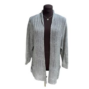 Eileen Fisher Gray Metallic Knit Open Front Cardigan Linen Silk Blend Sz 1X Plus
